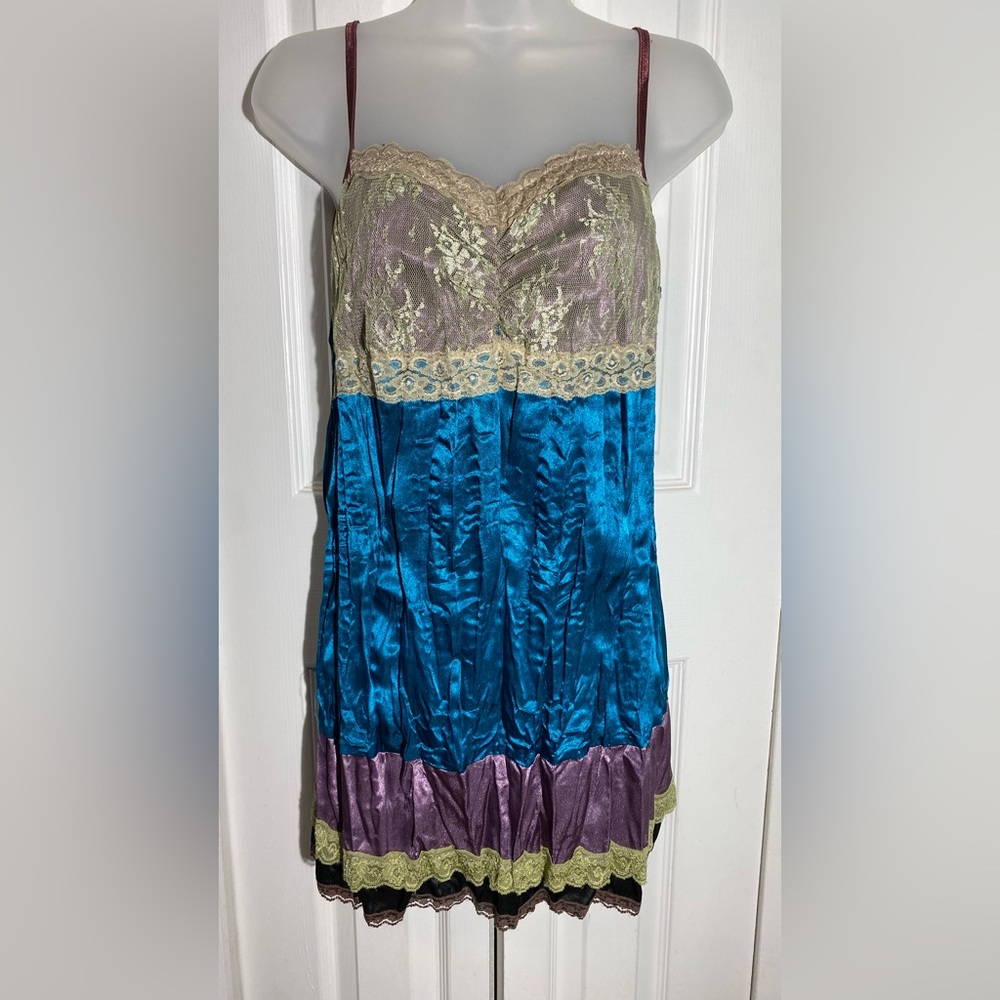 Y2K Vintage Satin Cami Top M Lace Trim Fairy Grunge L Long Slip AA09